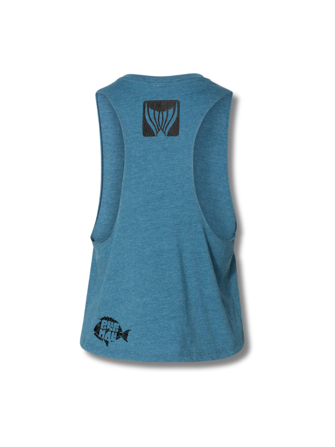 Blue sleeveless shirt with a logo on the back against a white background