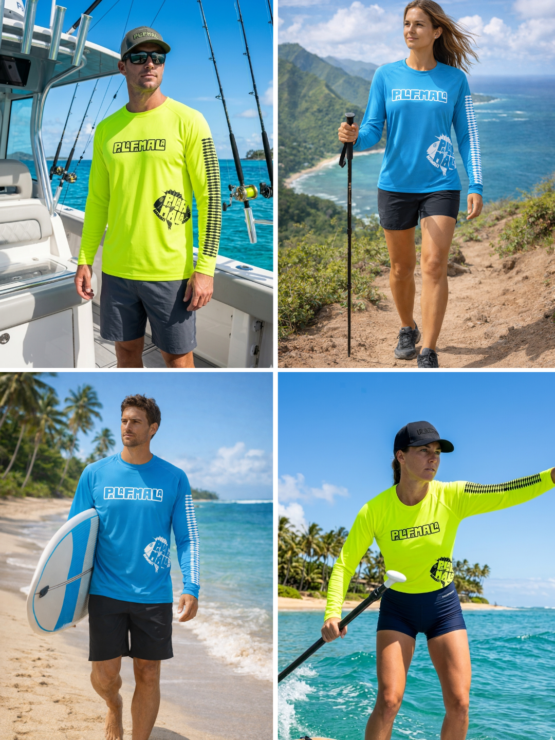 Collage of people wearing different outfits for various activities including a boat trip, trail hiking, beach, and sports.