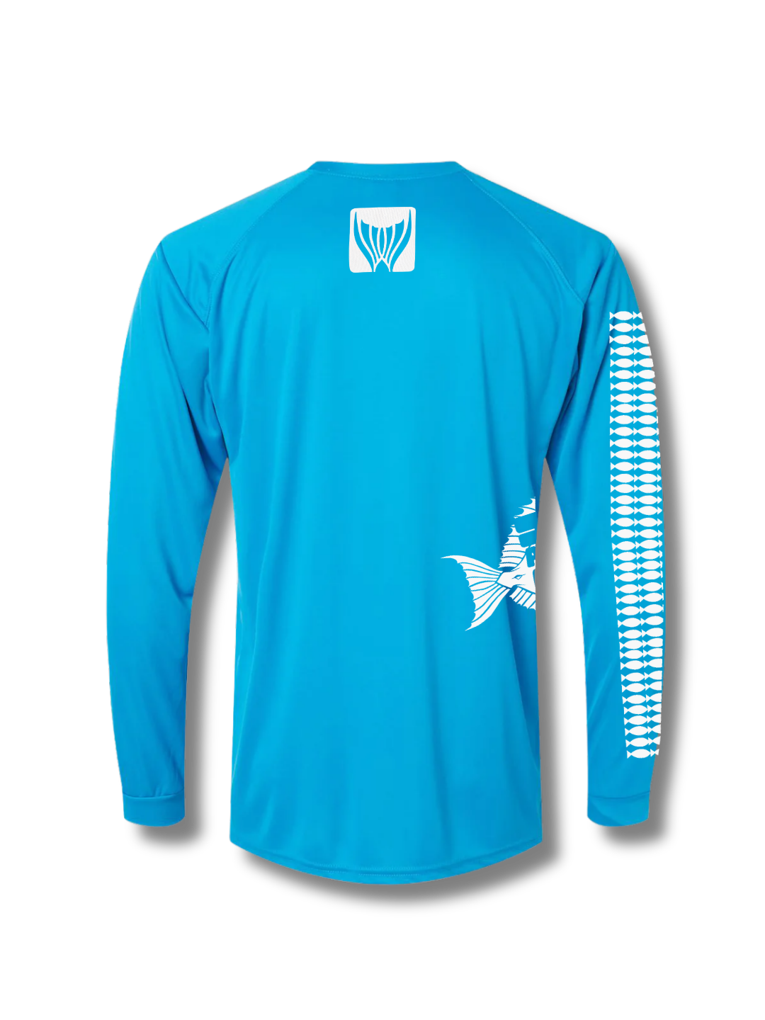 Blue long-sleeve shirt with white graphics on a white background