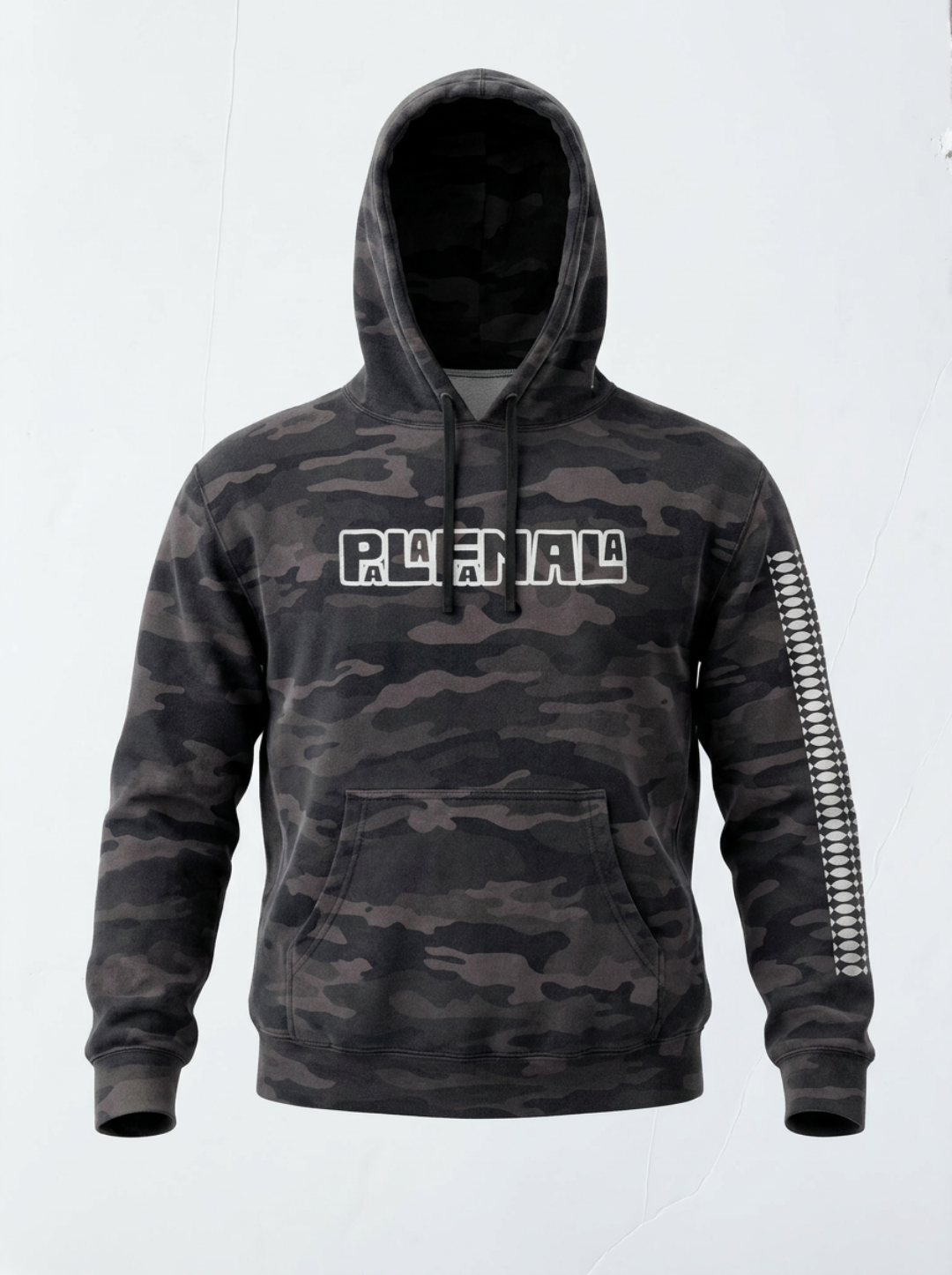 Camouflage hoodie with 'Palafamala' branding on a white background
