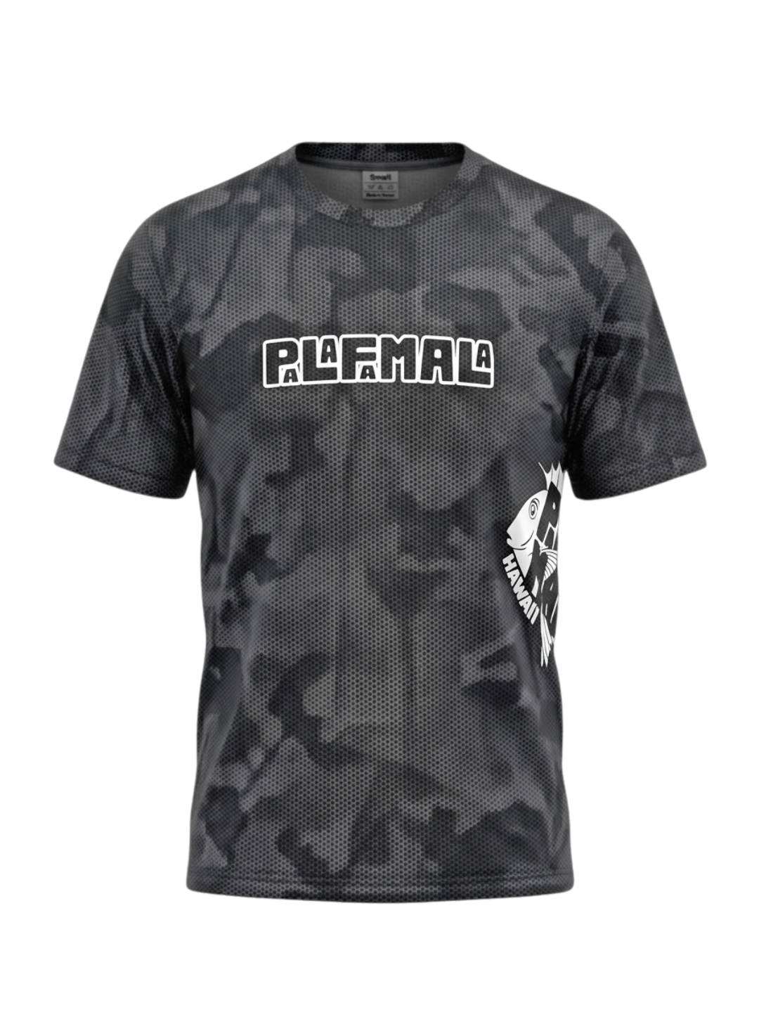 Charcoal gray Camouflage-patterned t-shirt with a logo on the back against a white background