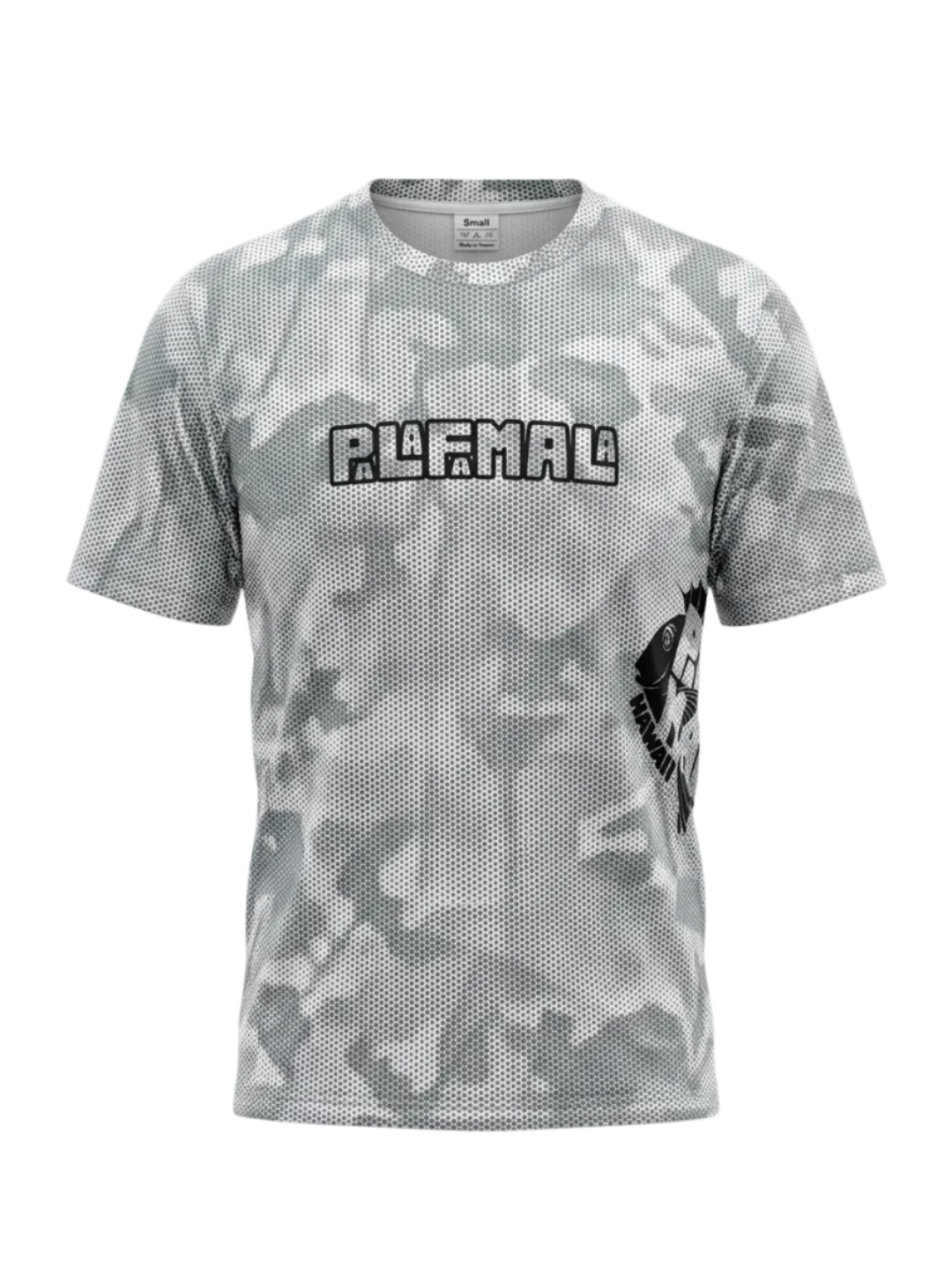 Camouflage-patterned t-shirt with visible branding on a white background