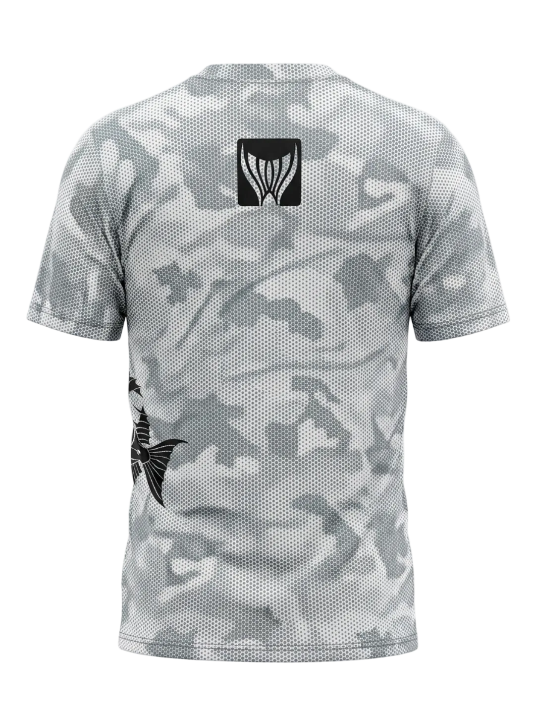 Camouflage-patterned t-shirt with a logo on the back against a white background