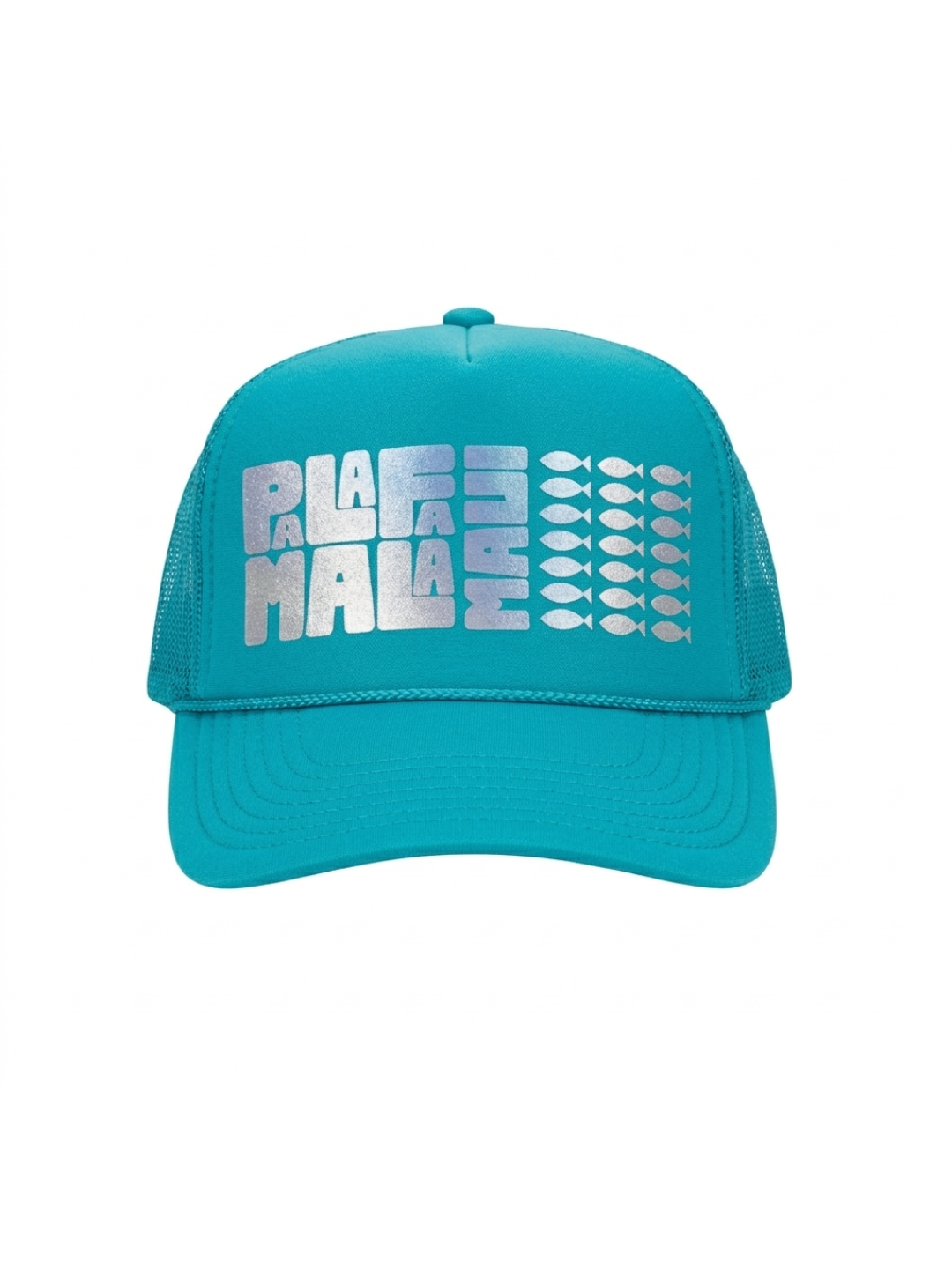 Turquoise paddle sports cap with white text and logo on a white background