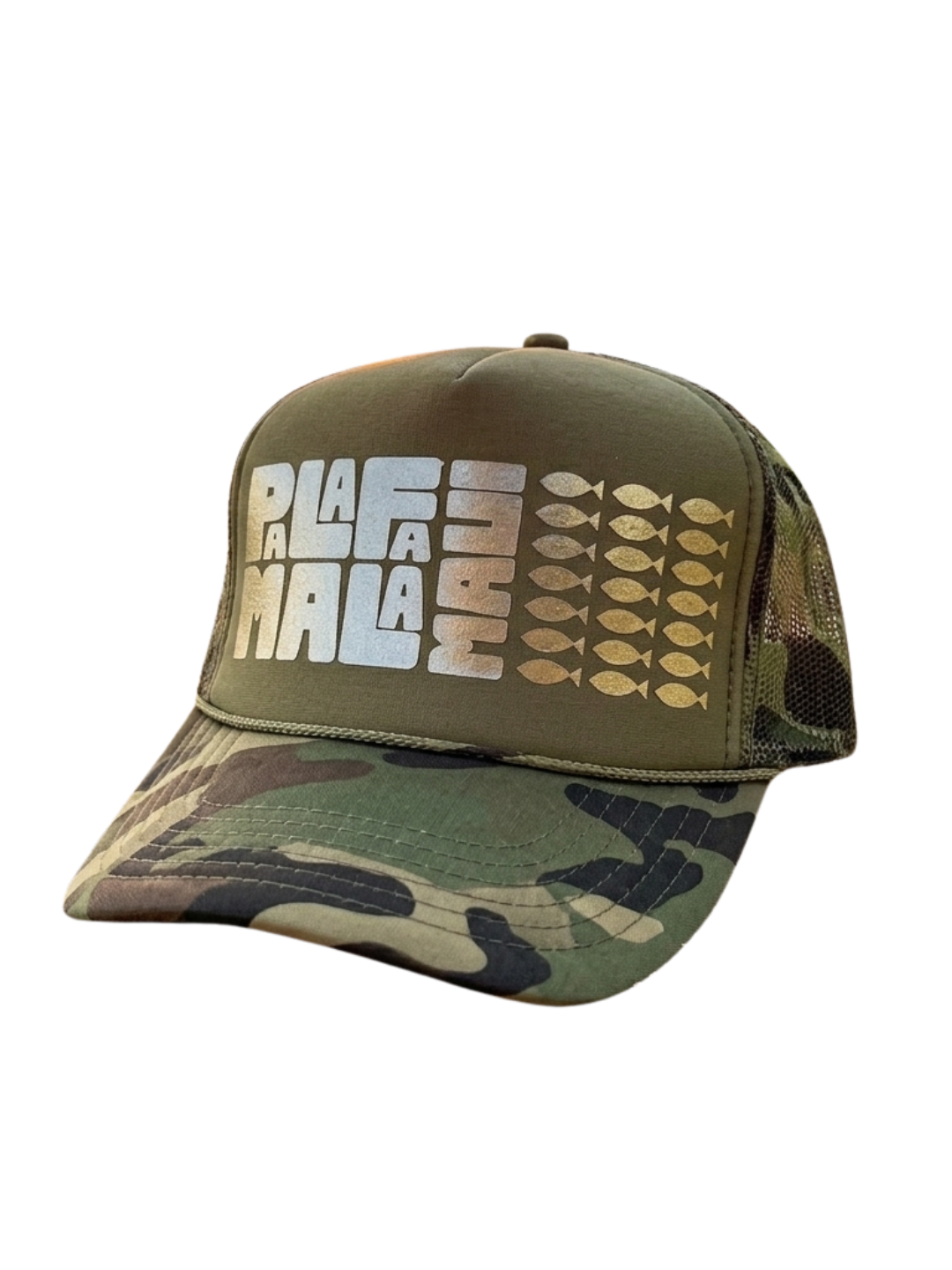 Camouflage military green paddle sports ballcap with white text and logo on a white background