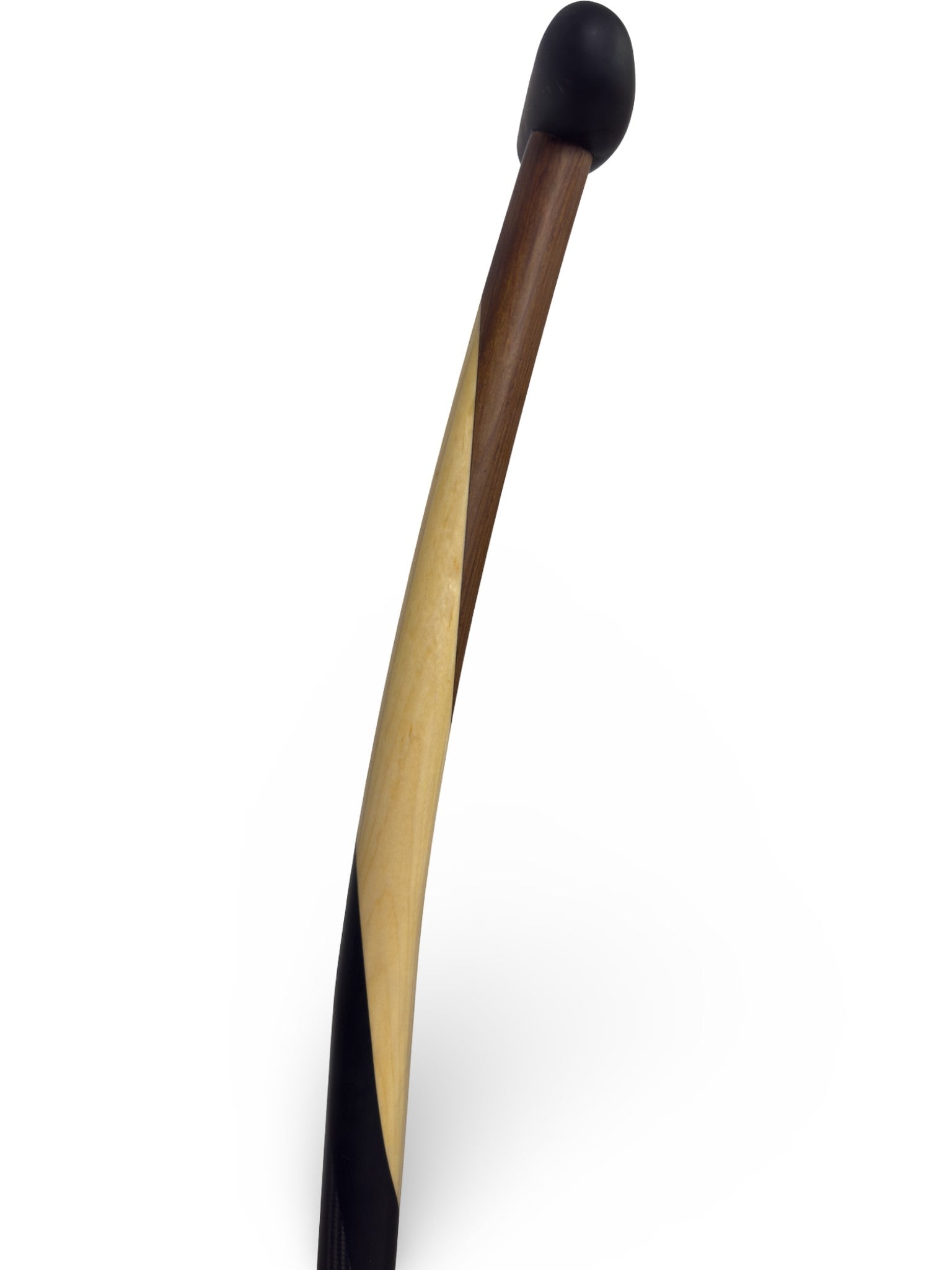 Closed up image of a wooden paddle with black and wood design on a white background