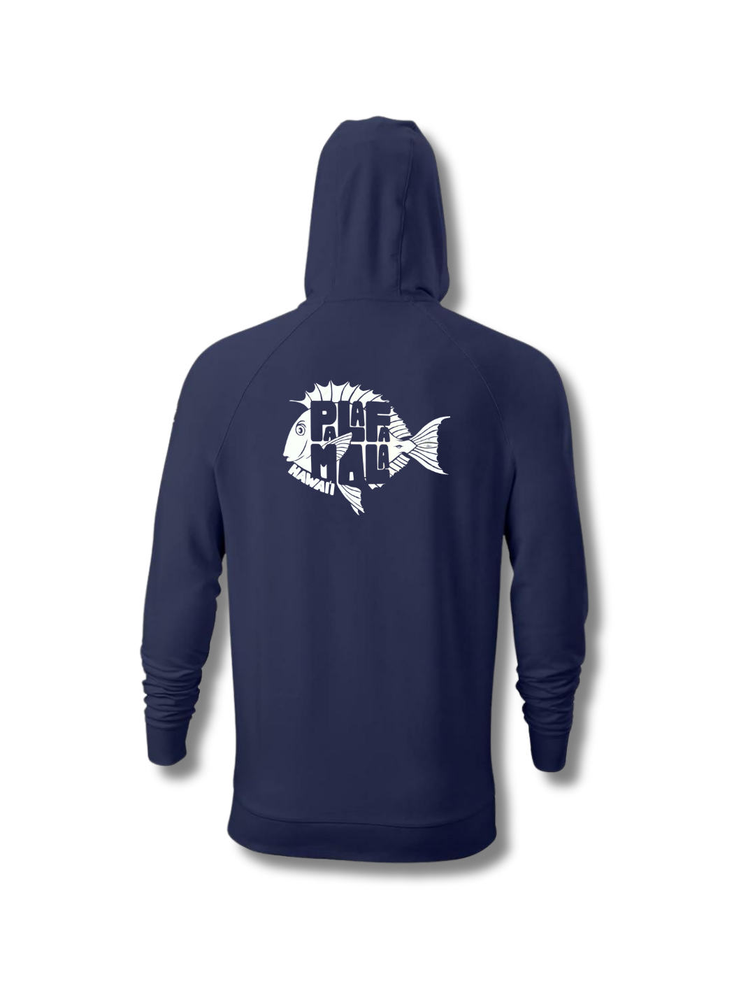Navy blue hoodie with a white graphic on the back against a white background