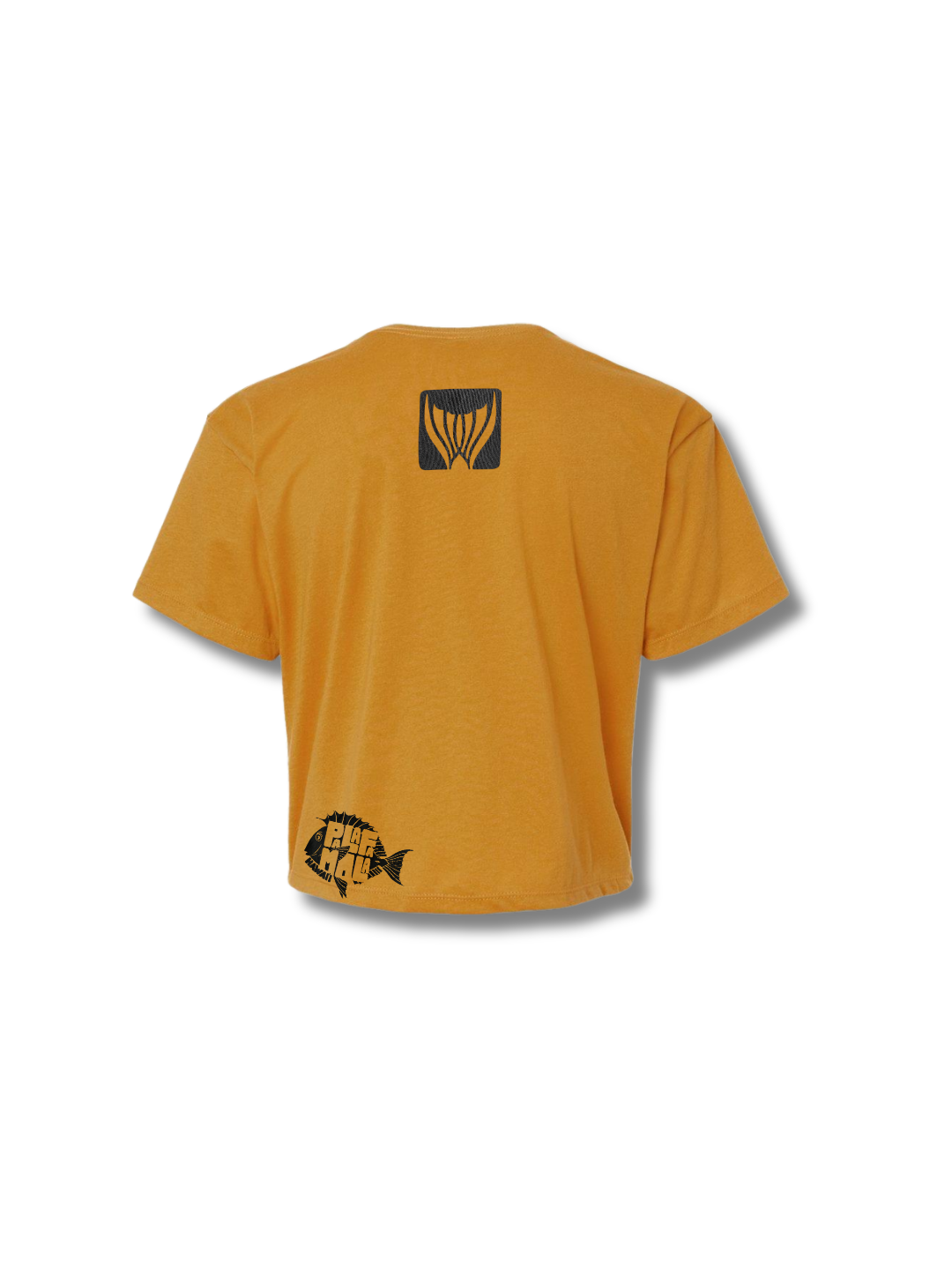 Yellow t-shirt with black fish graphic on a white background