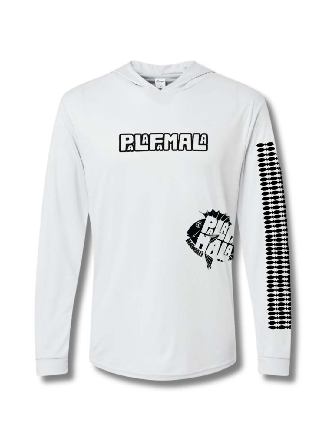 White long-sleeve shirt with black graphics and text on a white background