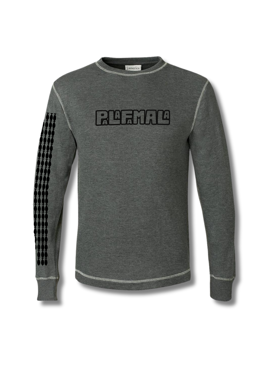 Gray sweatshirt with black text and checkered pattern on sleeves against a white background