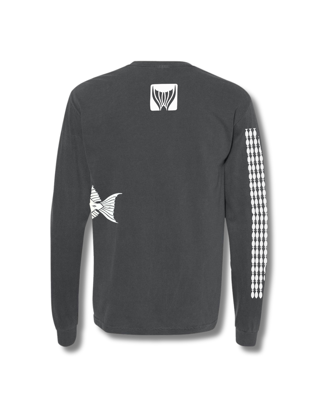 Black long-sleeve shirt with white fish graphics on a white background