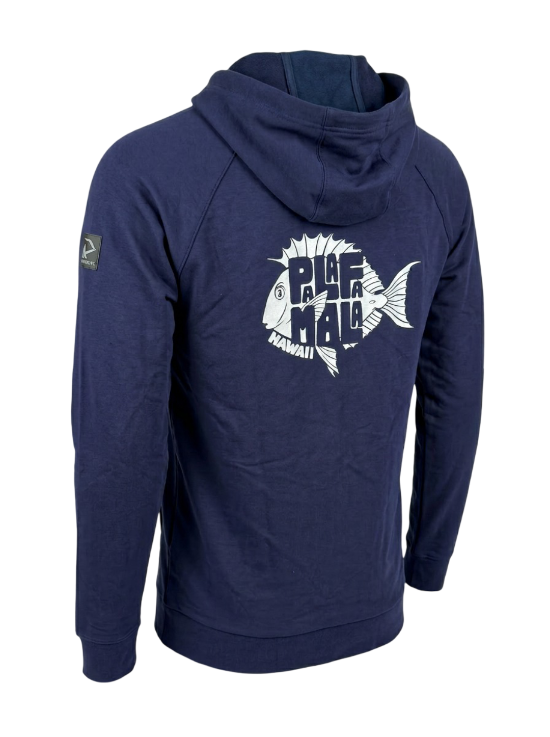 Navy blue hoodie with a fish graphic and text on the back, on a white background