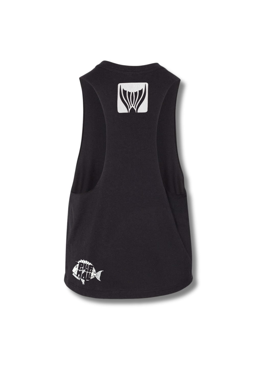 Back of a racerback tank top sleeveless shirt with white logo on a white background