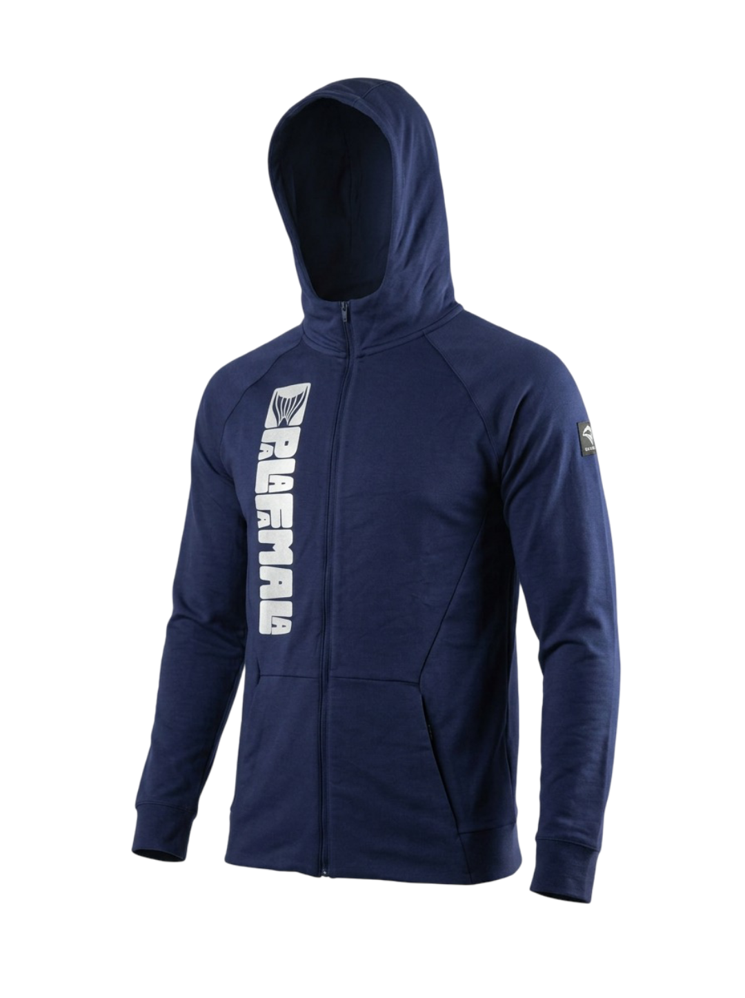 Navy blue hoodie with brand logo on a white background