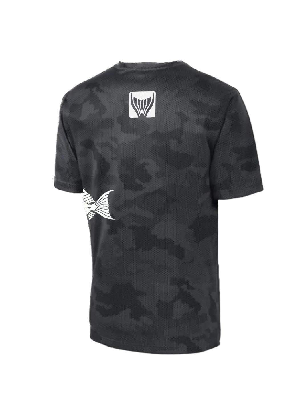 Black camouflage t-shirt with white  fish graphics on a white background