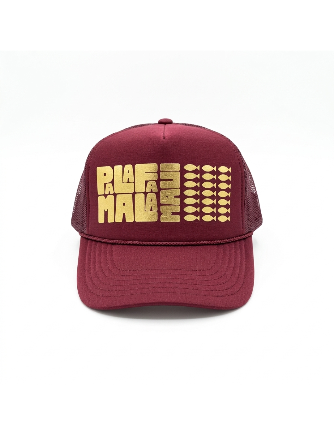 Maroon paddle sports cap with white text and logo on a white background