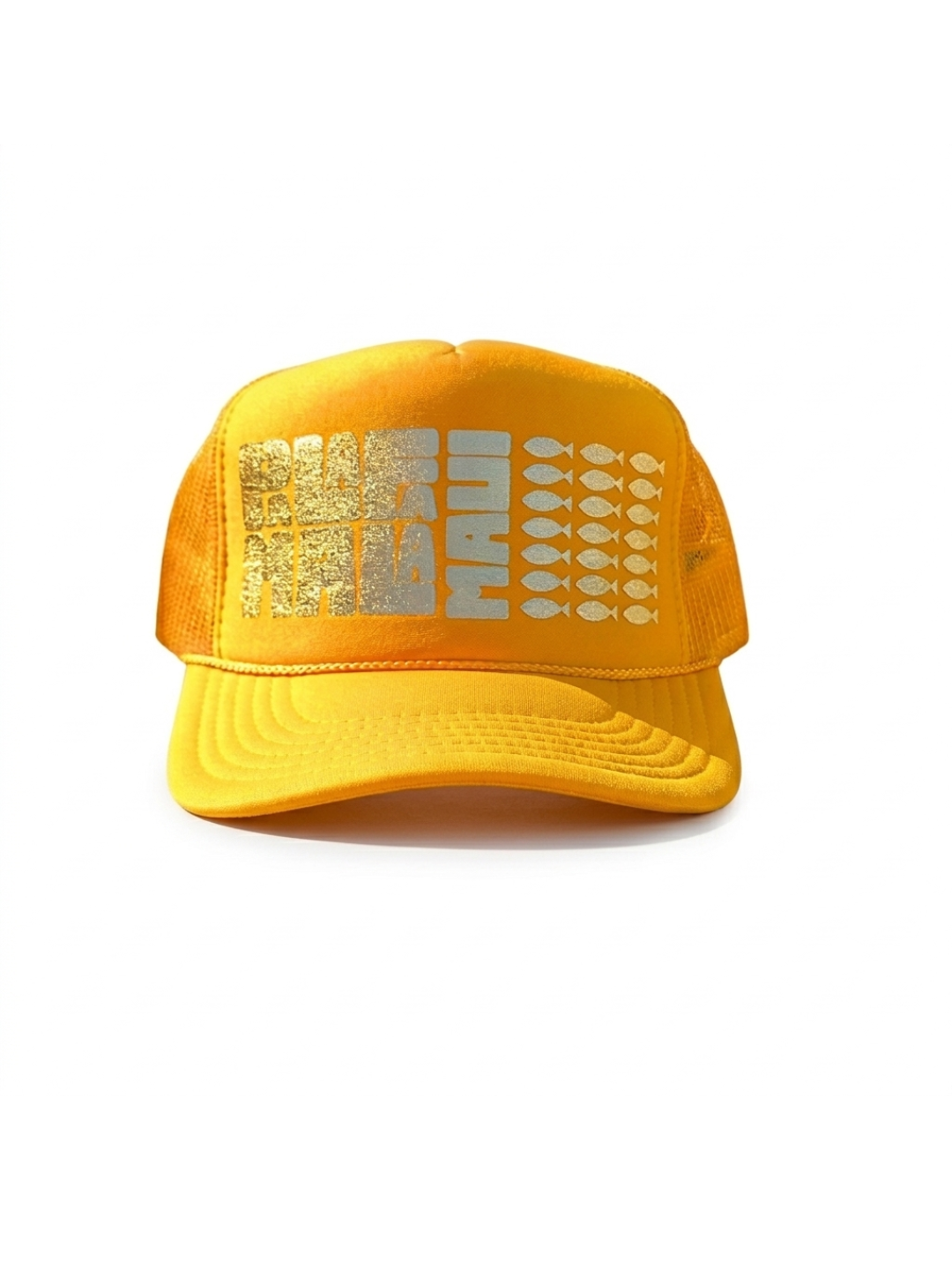 Yellow paddle sports cap with white text and logo on a white background