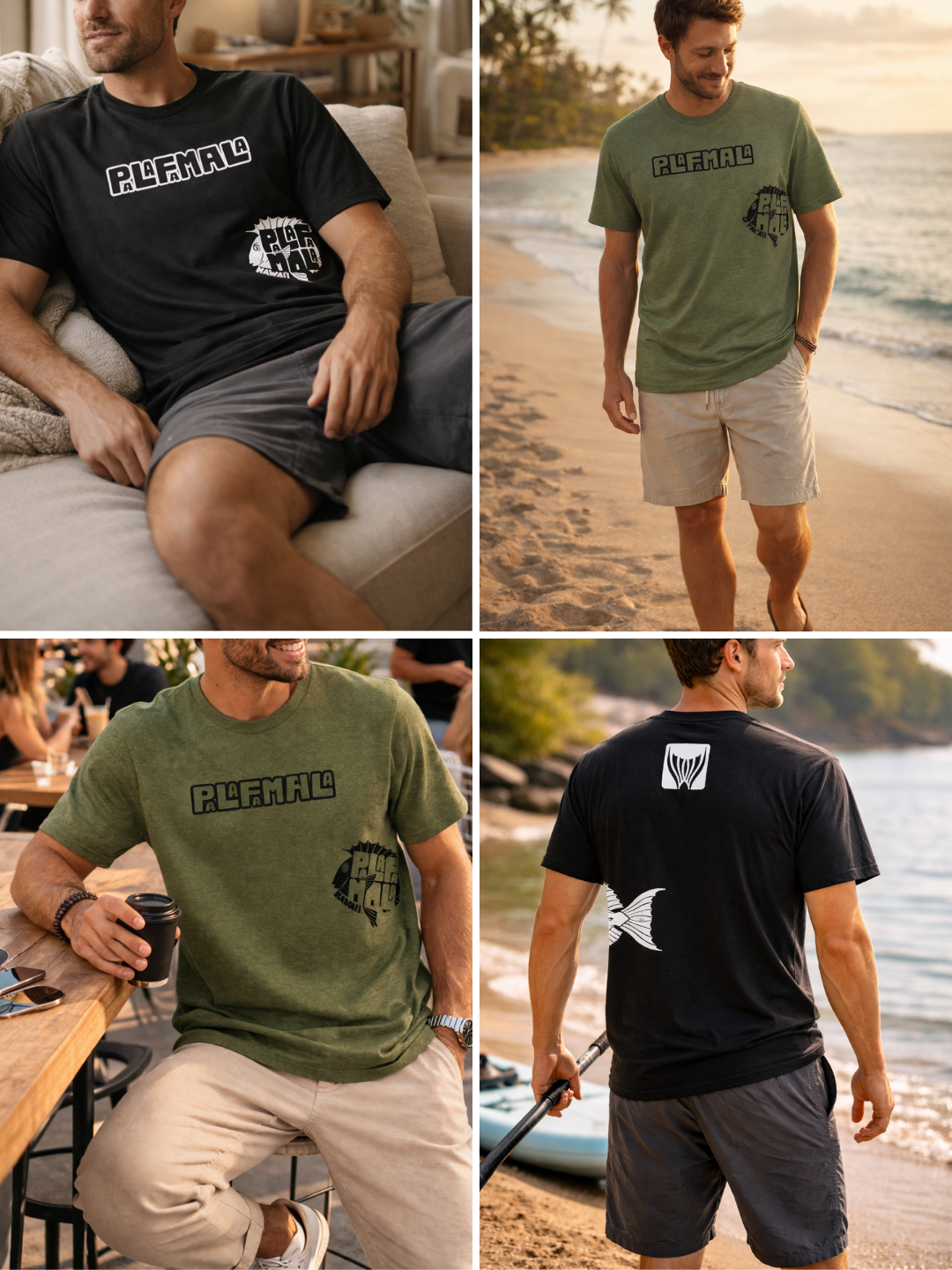 Four images of a man wearing different color of Tri blend crew neck from Palafamala