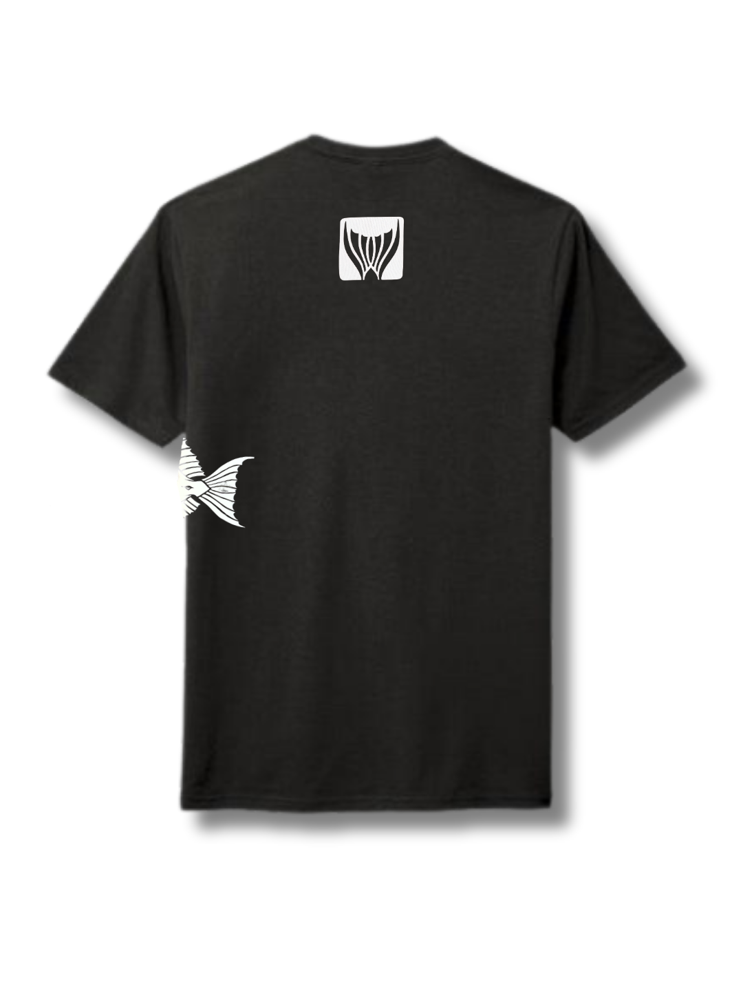 Black t-shirt with white fish graphics on a white background