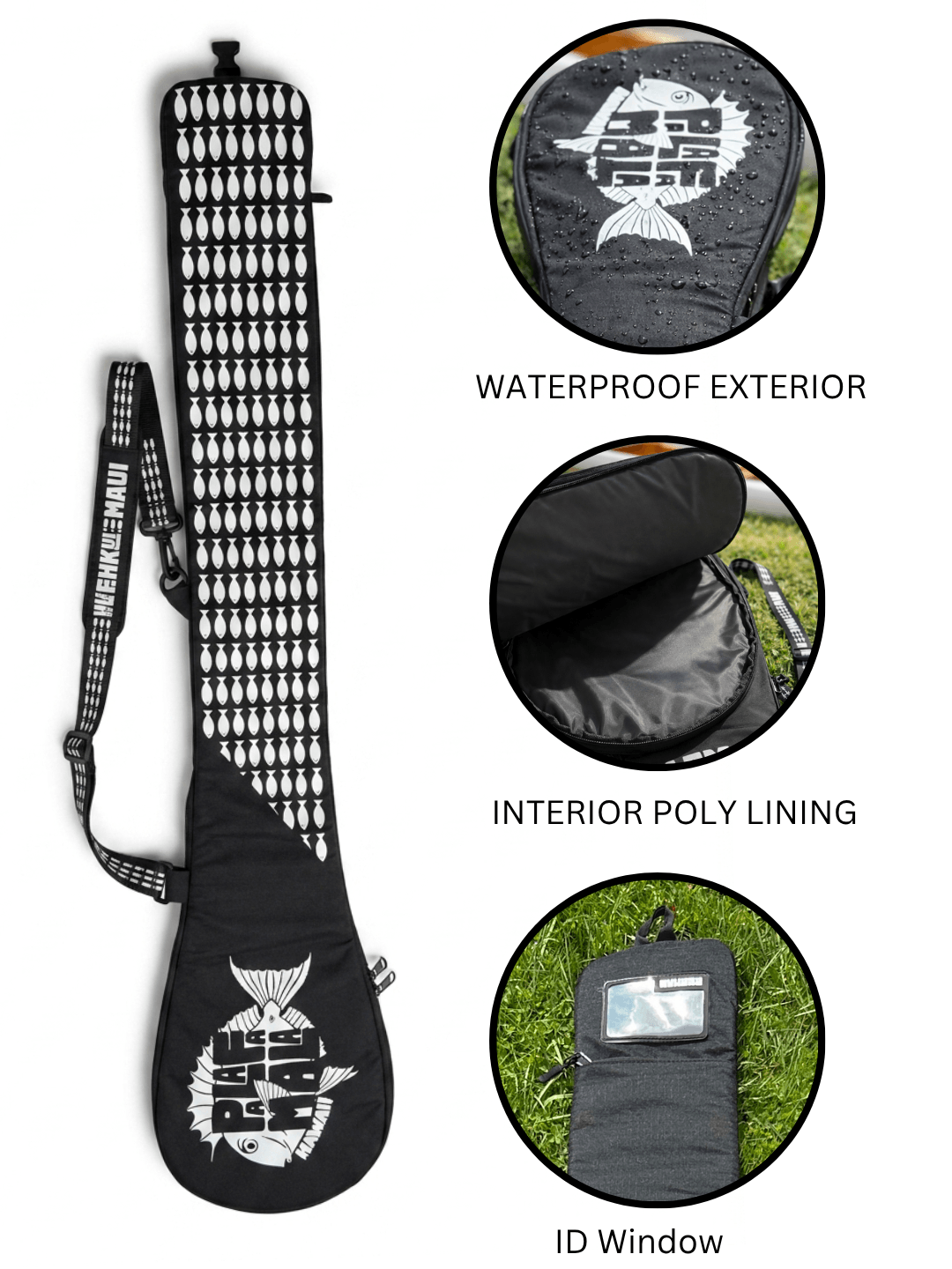 Black paddle bag with features highlighted on a white background