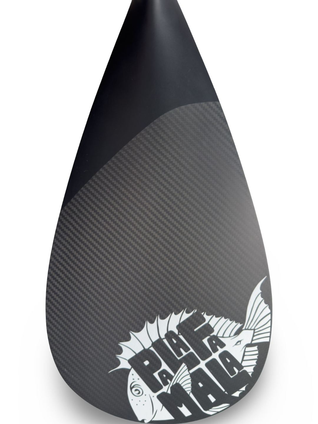 Black and gray twill paddle with a fish design and branding on a white background