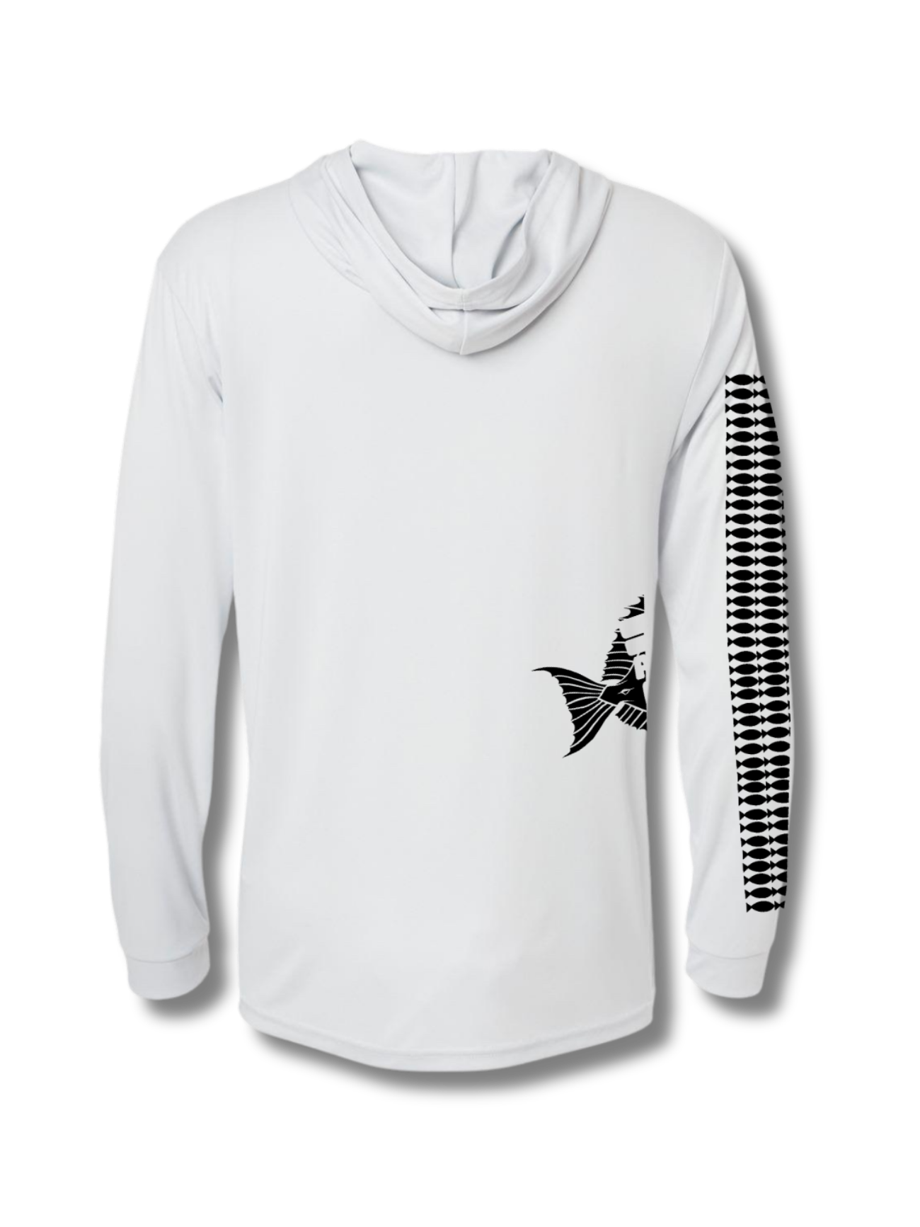 White hoodie with black graphic design on sleeve against a white background