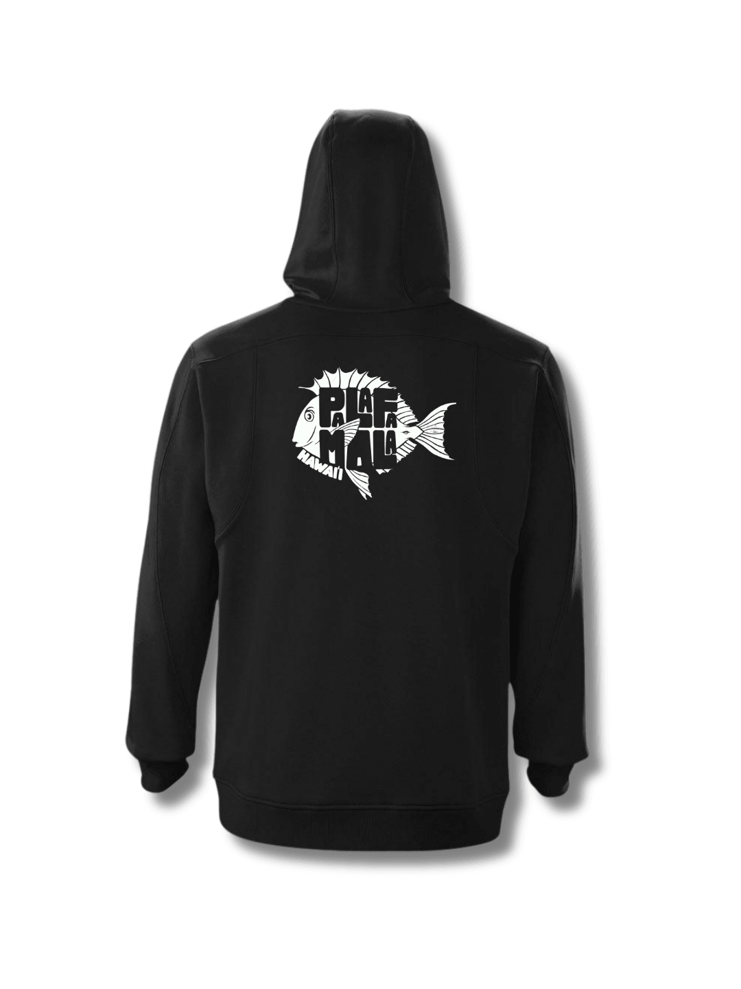 Black hoodie with a fish graphic and text on the back, on a white background