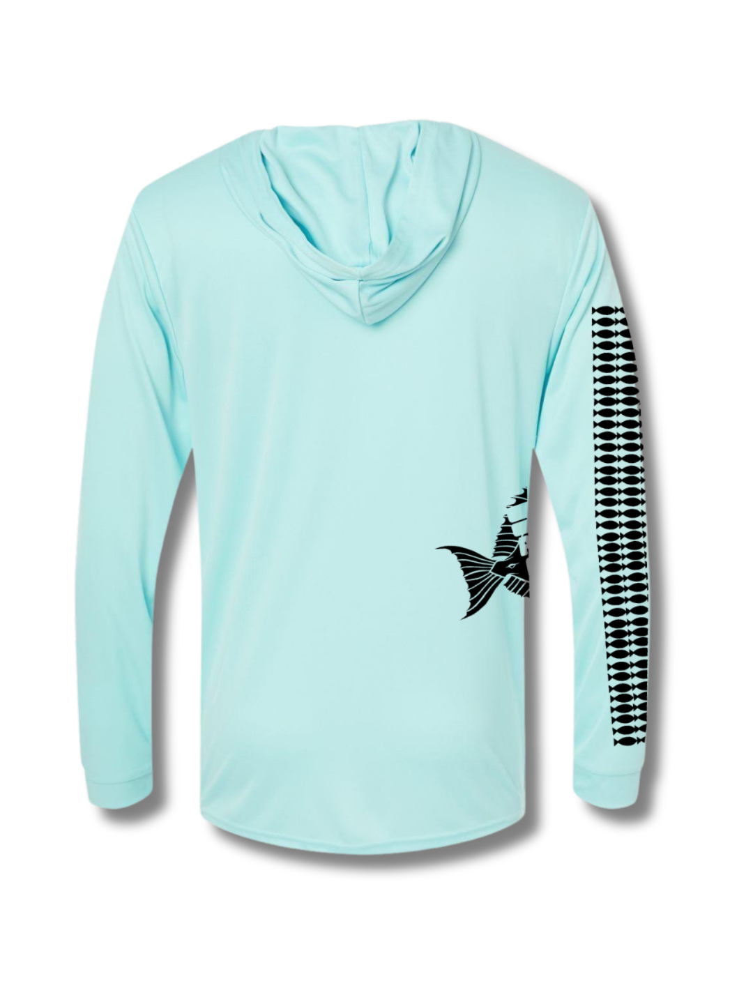 Light blue hoodie with black fish design on sleeve against a white background
