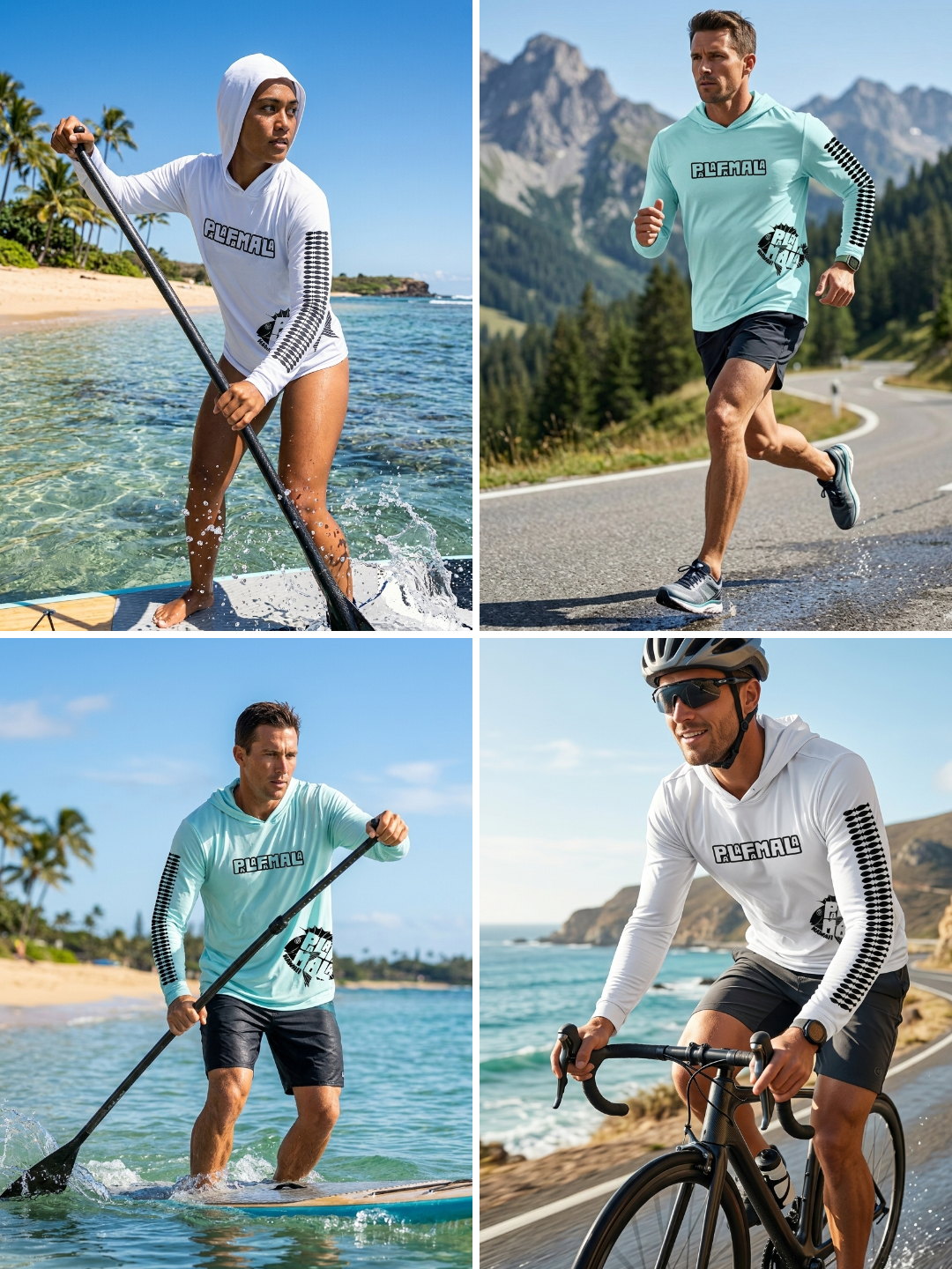 Four different scenes of a person engaging in various activities outdoors, wearing PALAFAMALA sun-shield hoodie