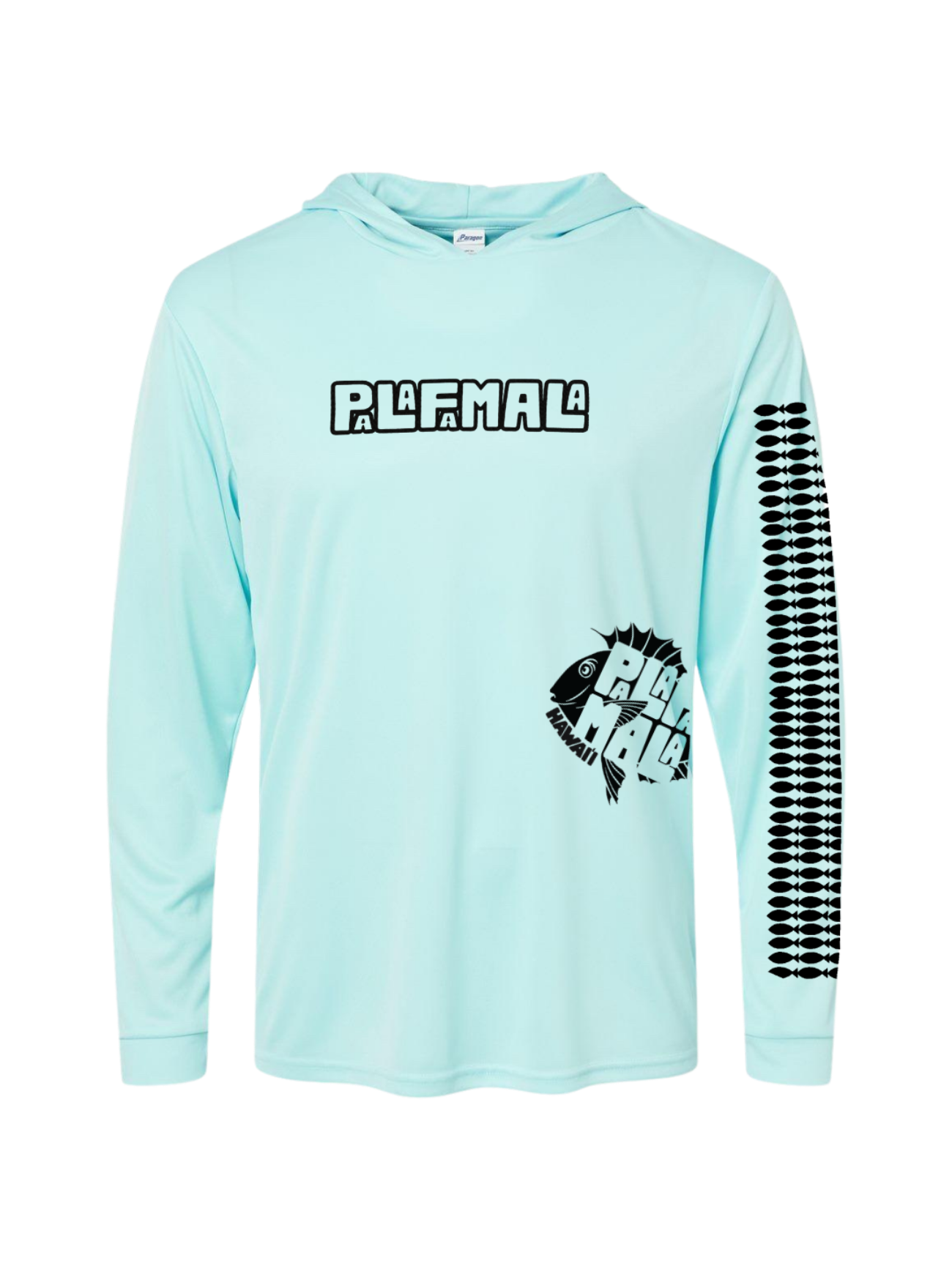 Light blue hoodie with black text and graphics on a white background