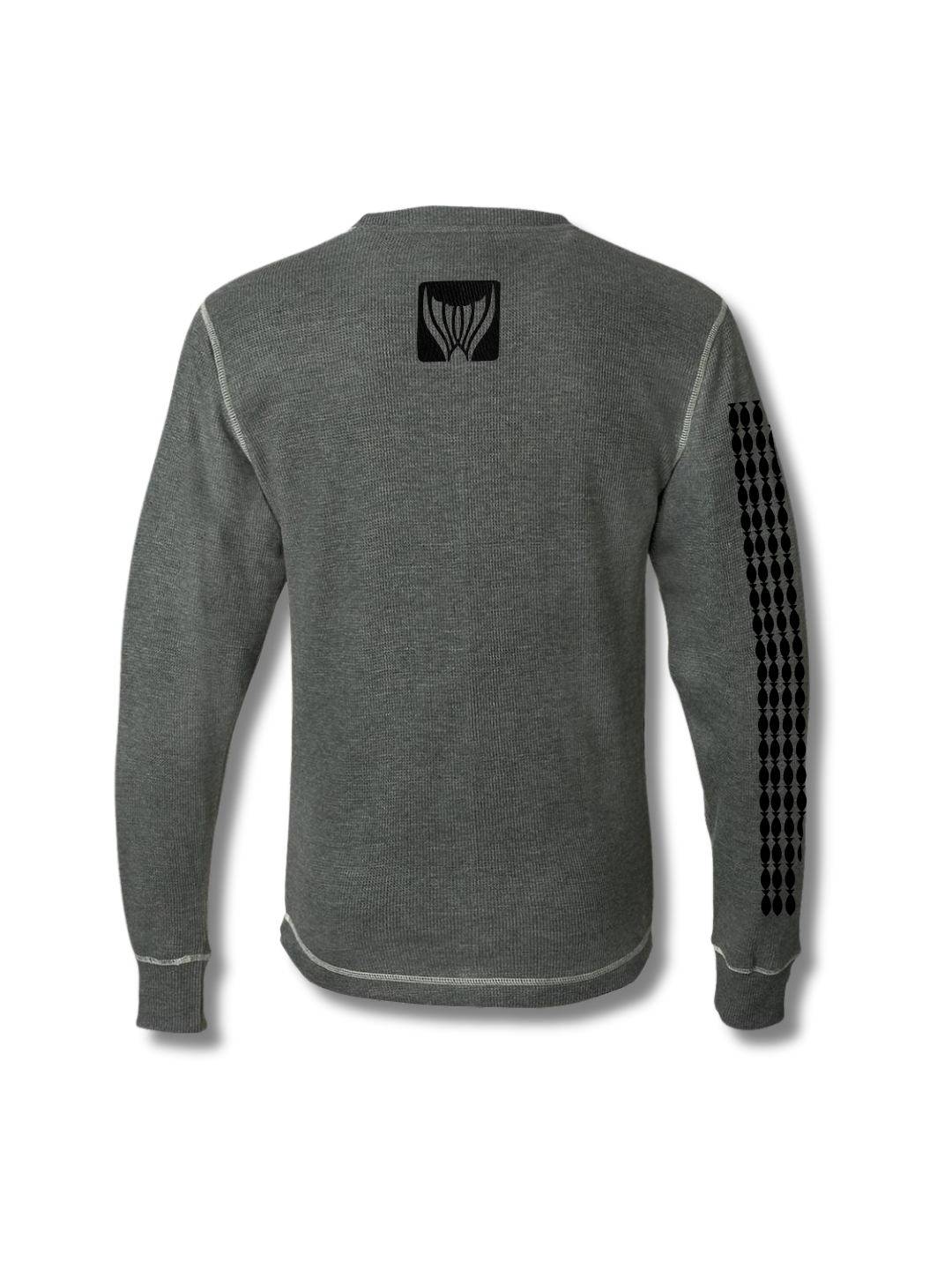 Gray long-sleeve shirt with black designs on a white background