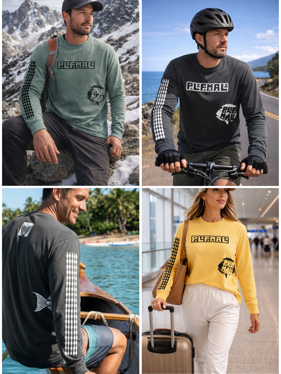 Collage of people wearing different color of PALAFAMALA wash long sleeves in various settings