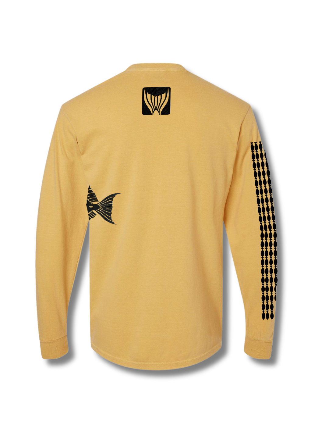Yellow long-sleeve shirt with black graphics on a white background